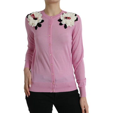 Dolce & Gabbana Pink Floral Crew Neck Button Cardigan Sweater