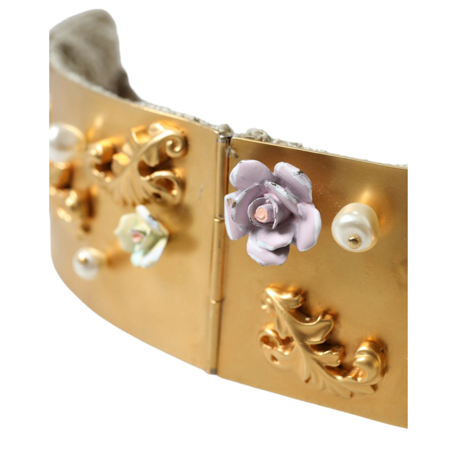 Dolce & Gabbana Gold Brass Faux Pearl Floral Embellished Belt