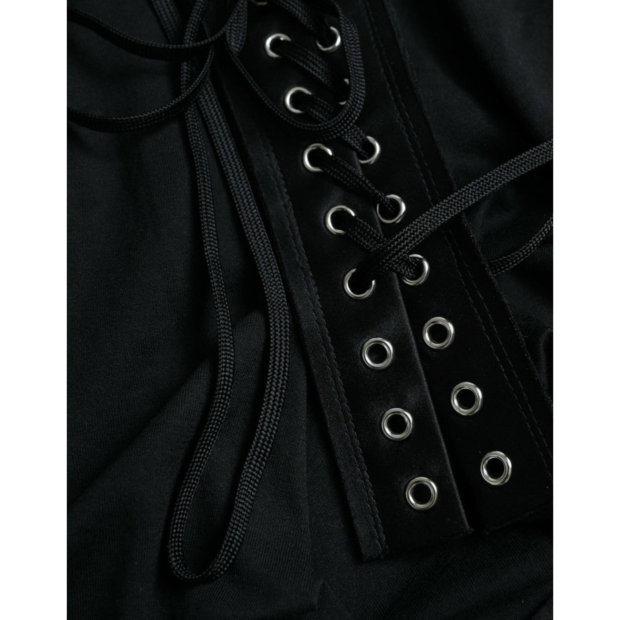 Dolce & Gabbana Black Cotton Lace Up Logo Round Neck Tank Top