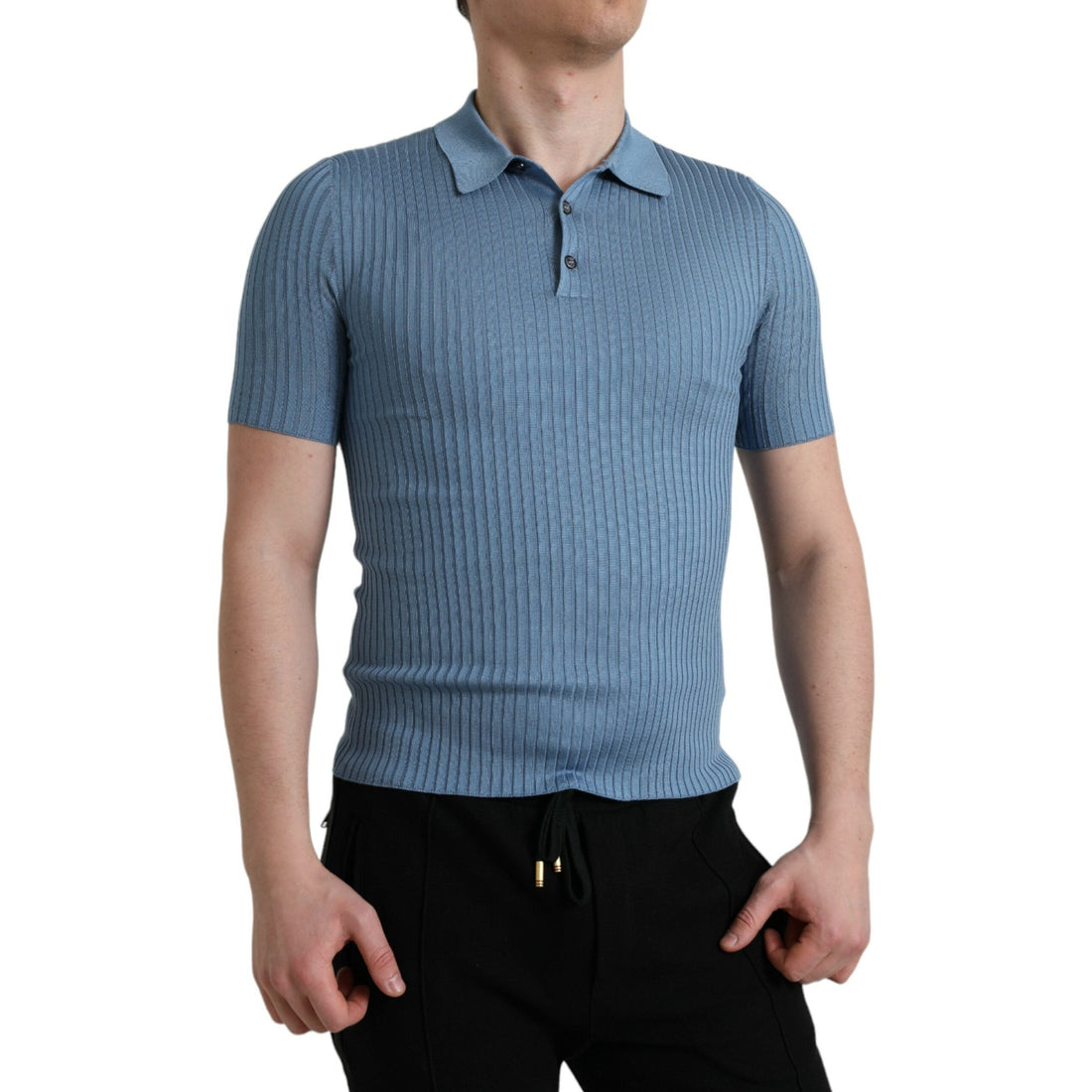 Dolce & Gabbana Sky Blue Henley Silk Short Sleeves T-shirt