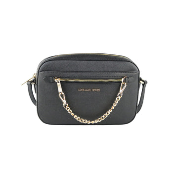 Michael Kors Jet Set Item Large East West Saffiano Leather Zip Chain Crossbody Handbag (Black Solid/Gold)