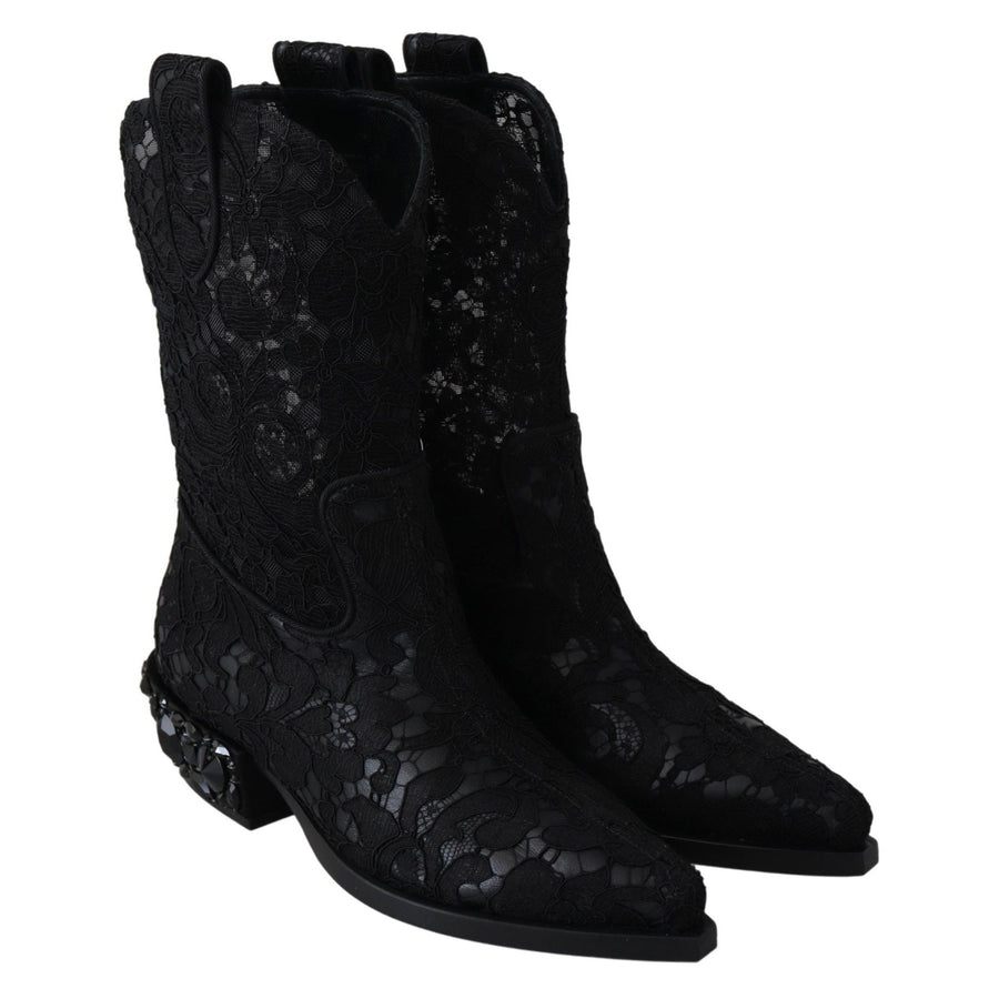 Dolce & Gabbana Black Lace Taormina Ankle Cowboy Crystal Shoes