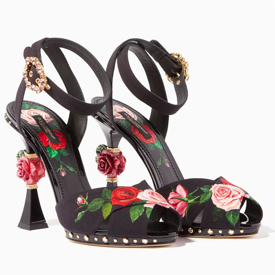 Dolce & Gabbana Elegant Black Calfskin Floral Sandals
