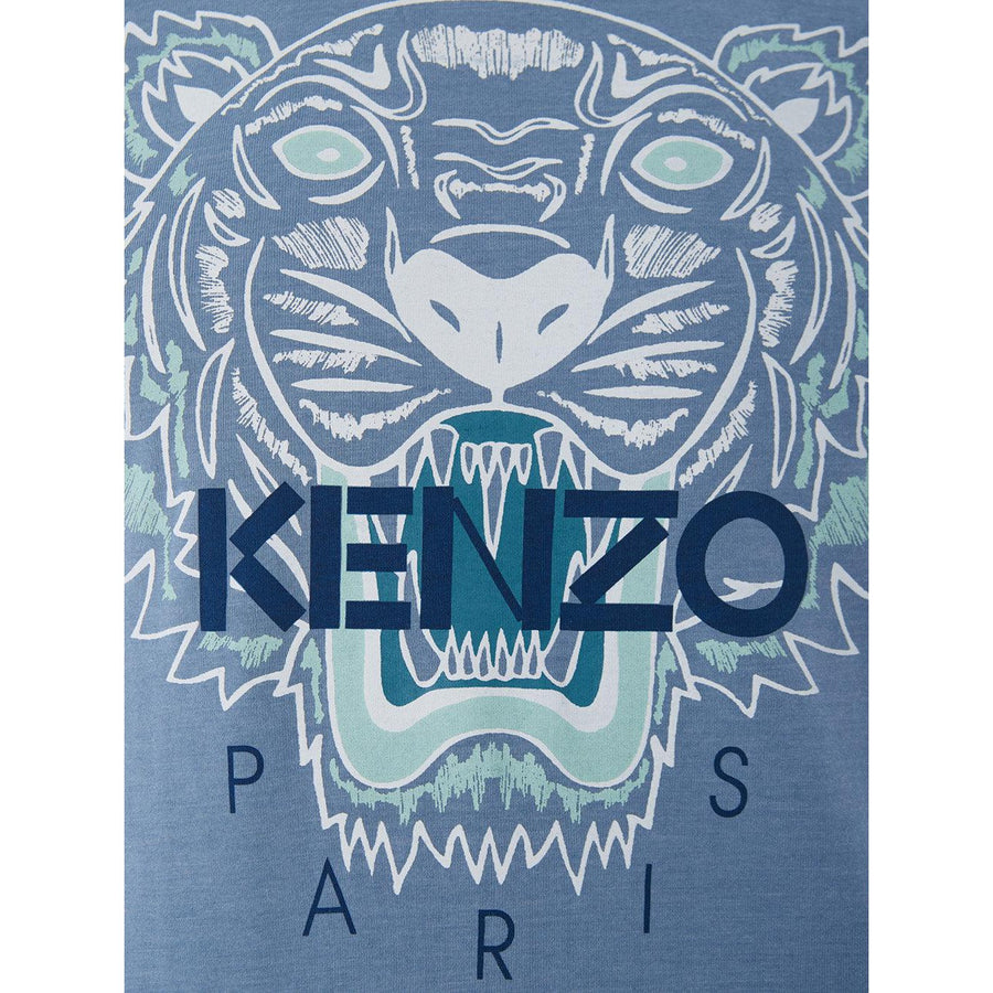 Kenzo Blue Cotton T-Shirt with Tiger Print and Front Logo