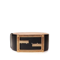 Fendace High Leather Black Logo Belt with Crystals