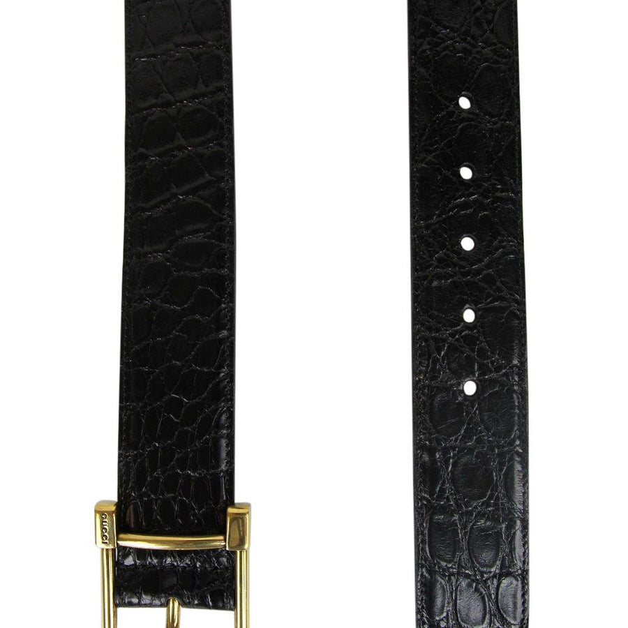 Gucci Gucci Women's Gold Square Buckle Black Crocodile Belt