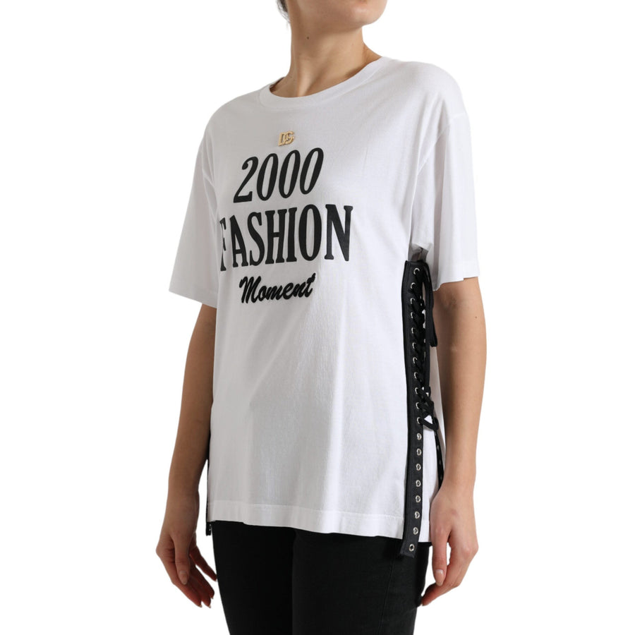Dolce & Gabbana White Slogan Print Lacing Detailed T-shirt