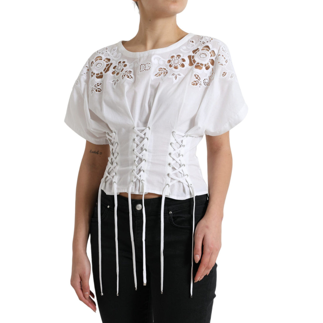 Dolce & Gabbana White Cotton Floral Cut Out Blouse Top