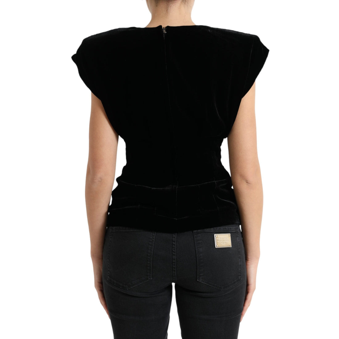 Dolce & Gabbana Black Velvet Fitted Padded Shoulder Blouse Top
