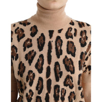 Dolce & Gabbana Beige Leopard Print Wool Turtleneck Top