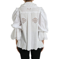 Dolce & Gabbana White Cotton Lace Trim Collared Blouse Top