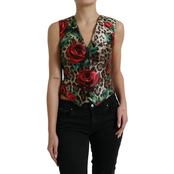 Dolce & Gabbana Brown Leopard Rose Silk Waistcoat Vest Top