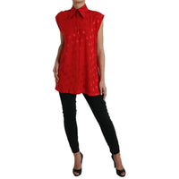 Dolce & Gabbana Red Polka Dot Sleeveless Collared Blouse Top