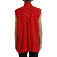 Dolce & Gabbana Red Polka Dot Sleeveless Collared Blouse Top