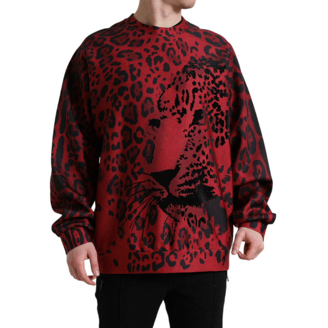 Dolce & Gabbana Red Leopard Print Crewneck Pullover Sweater