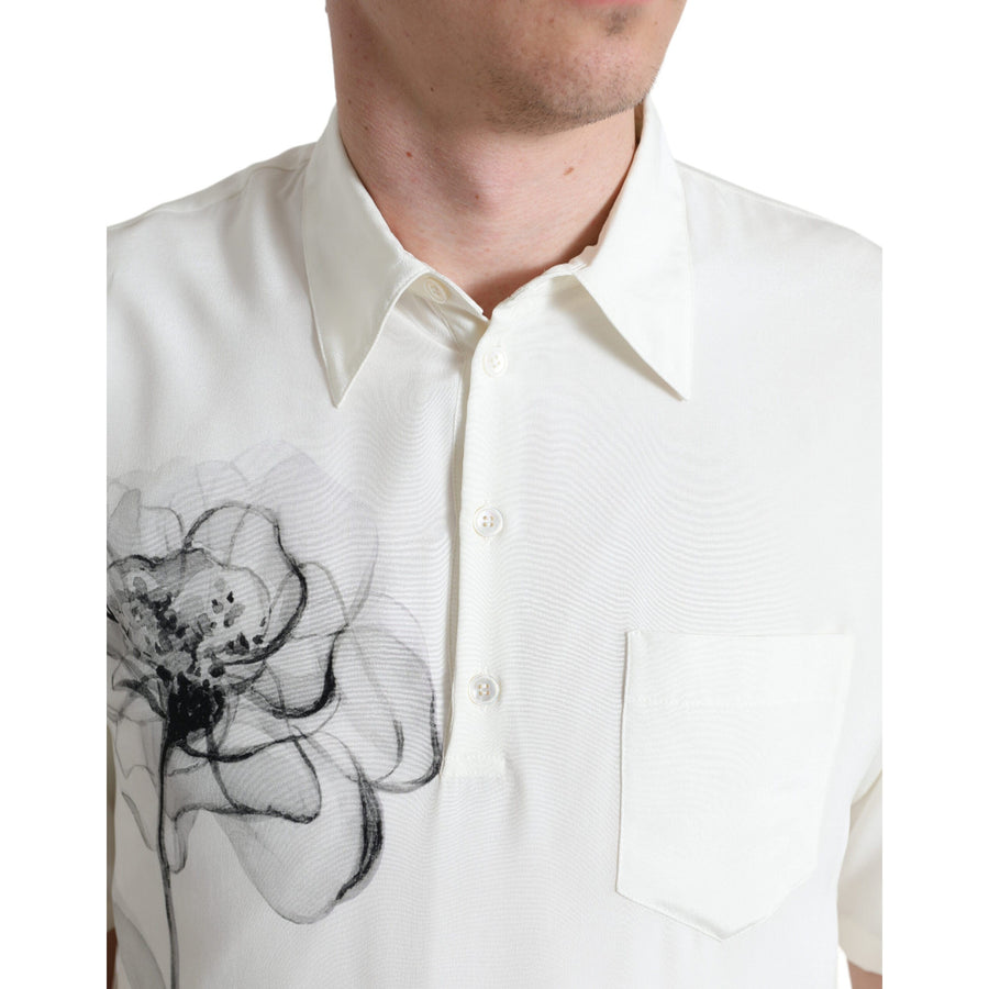 Dolce & Gabbana Off White Floral Print Collared Polo T-shirt