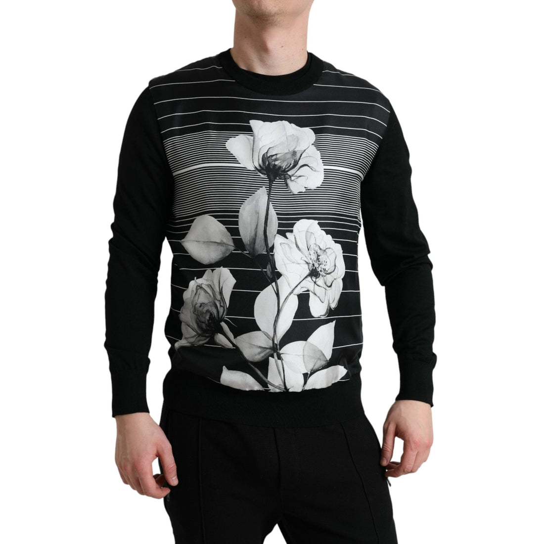 Dolce & Gabbana Black Floral Print Wool Silk Pullover Sweater