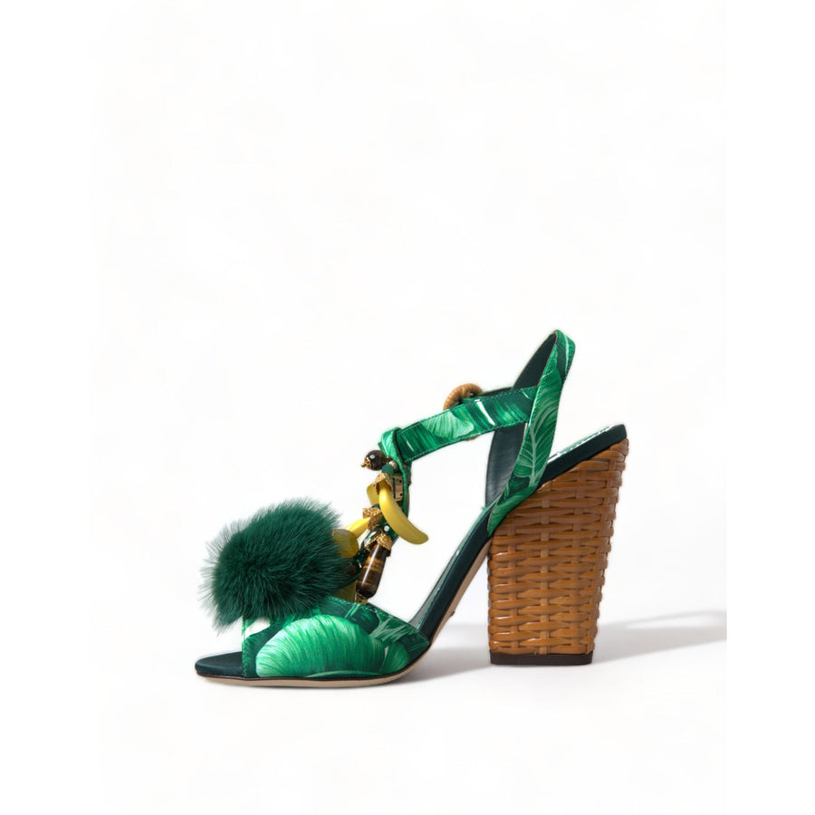 Dolce & Gabbana Green Crystal Mink Fur T-Strap Sandals