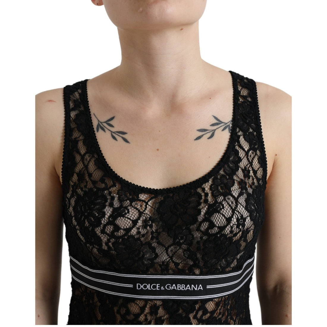Dolce & Gabbana Black Logo Stripe Lace Sleeveless Tank Top