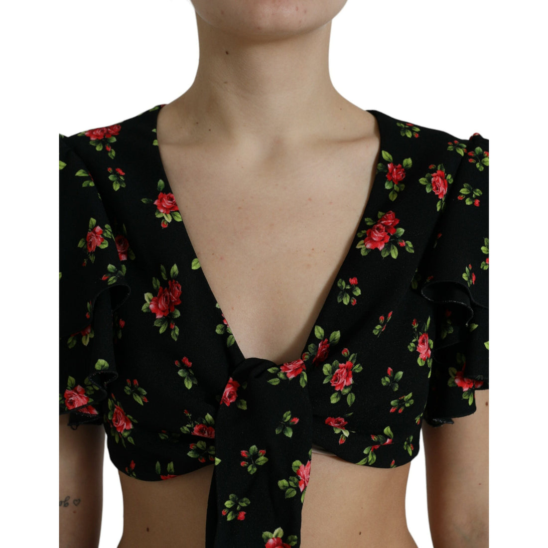 Dolce & Gabbana Black Floral Print Short Sleeves Cropped Top