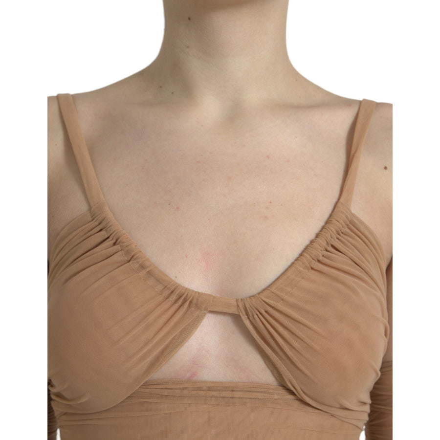 Dolce & Gabbana Brown Nylon Stretch Open Shoulder Cropped Top