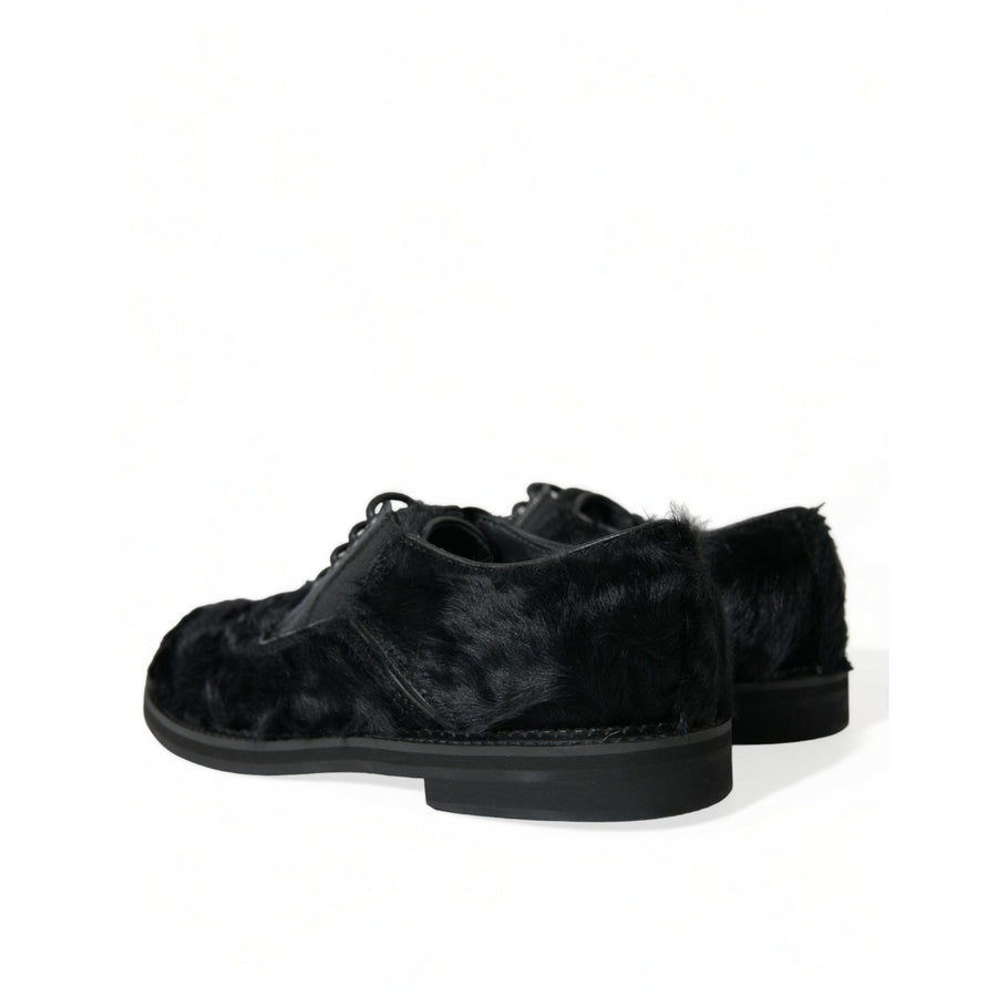 Dolce & Gabbana Black Fur Leather Lace Up Derby Dress Shoes