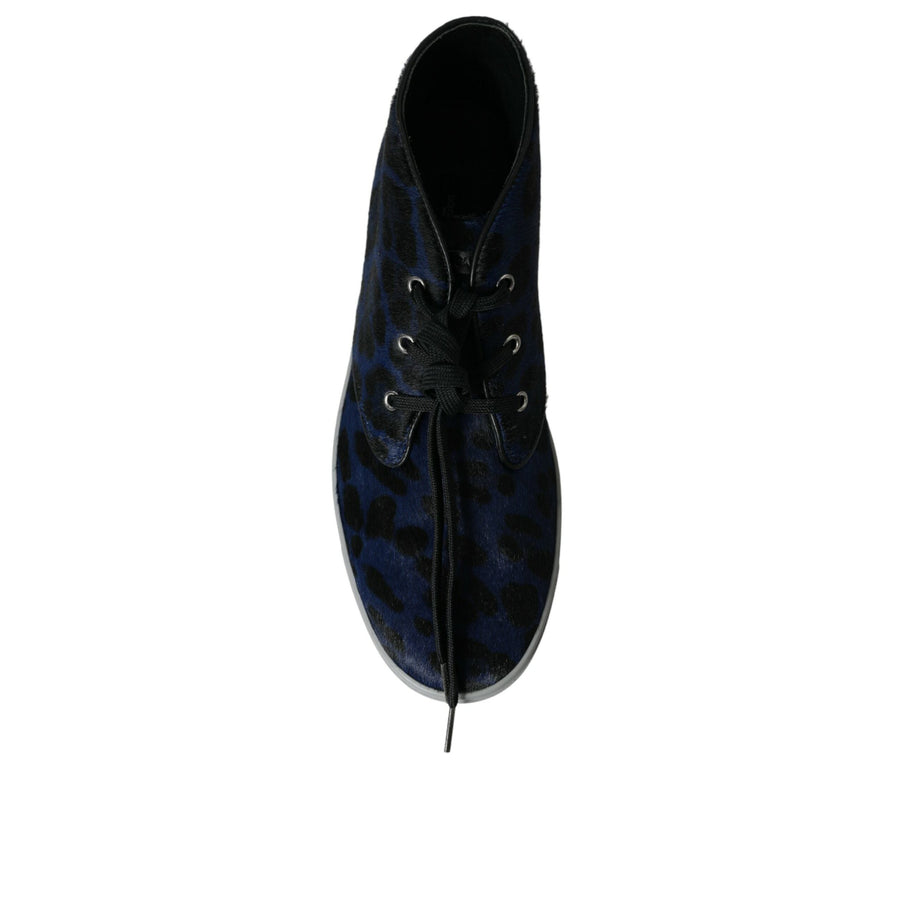 Dolce & Gabbana Blue Calfskin Leopard Mid Top Sneakers Shoes