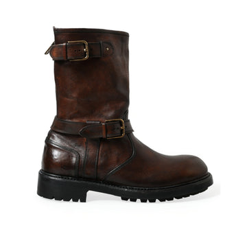 Dolce & Gabbana Brown Leather Mid Calf Biker Boots Shoes
