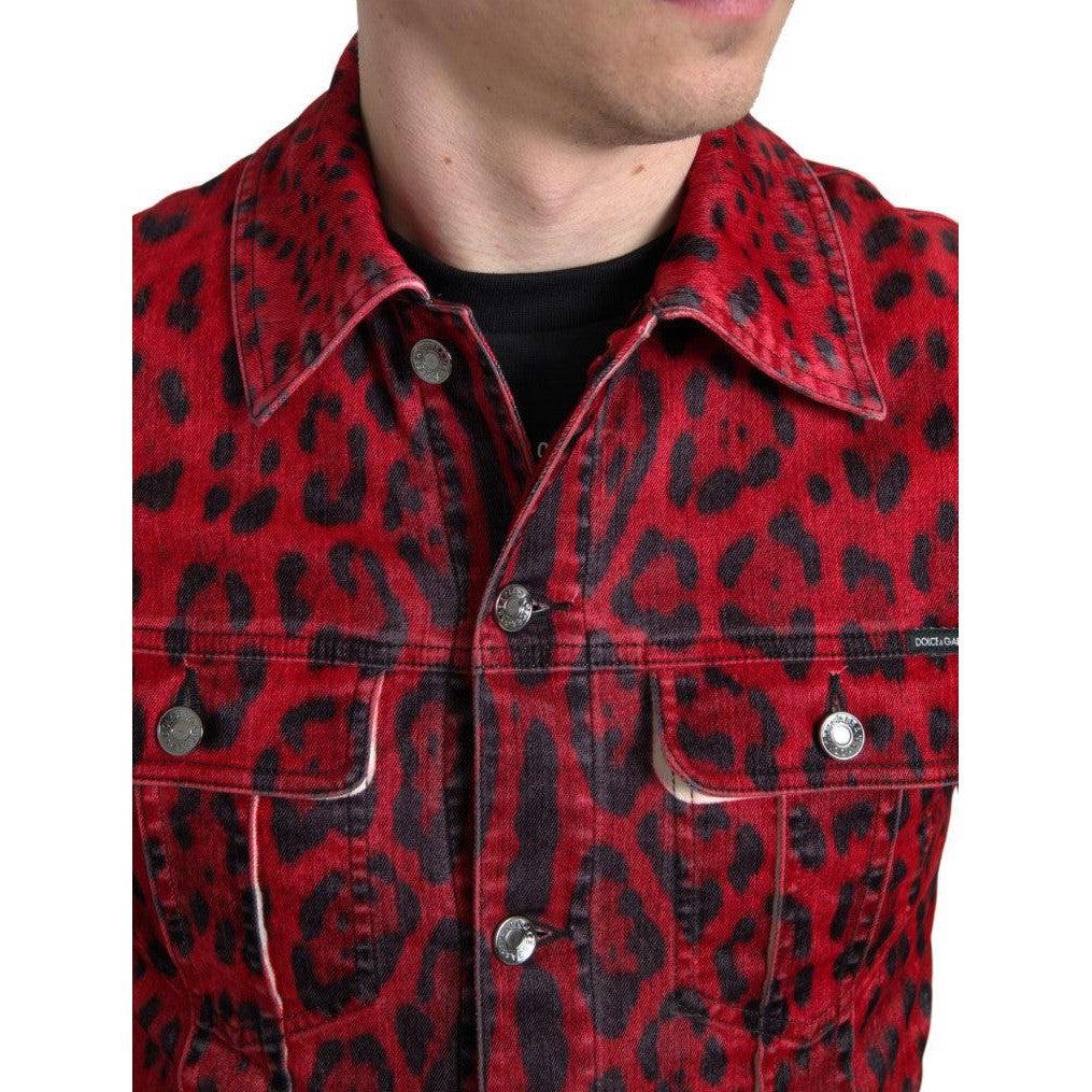 Dolce & Gabbana Red Leopard Cotton Collared Denim Jacket
