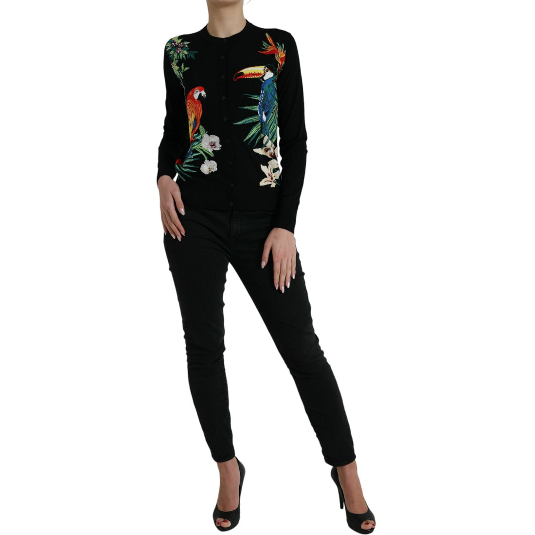 Dolce & Gabbana Black Bird Wool Long Sleeve Cardigan Sweater