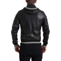 Dolce & Gabbana Black Leather Full Zip Hooded Men Jacket