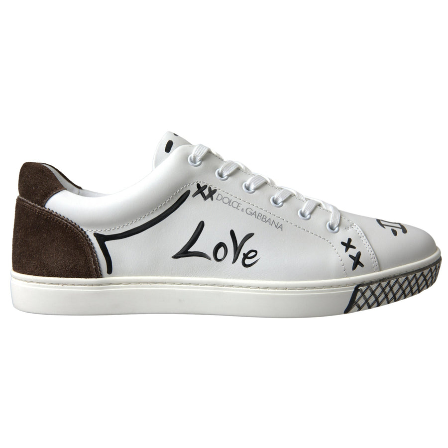 Dolce & Gabbana White Leather Brown LOVE Casual Sneakers