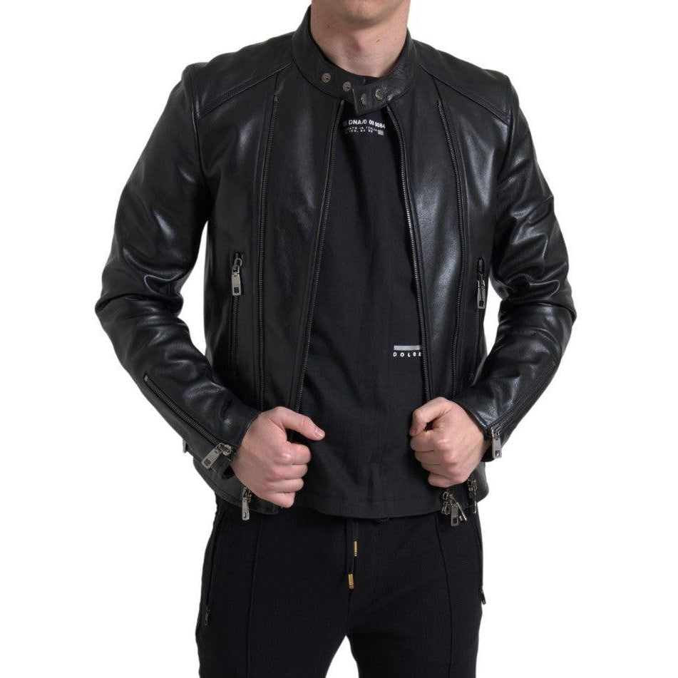 Dolce & Gabbana Black Leather Zipper Coat Men Jacket