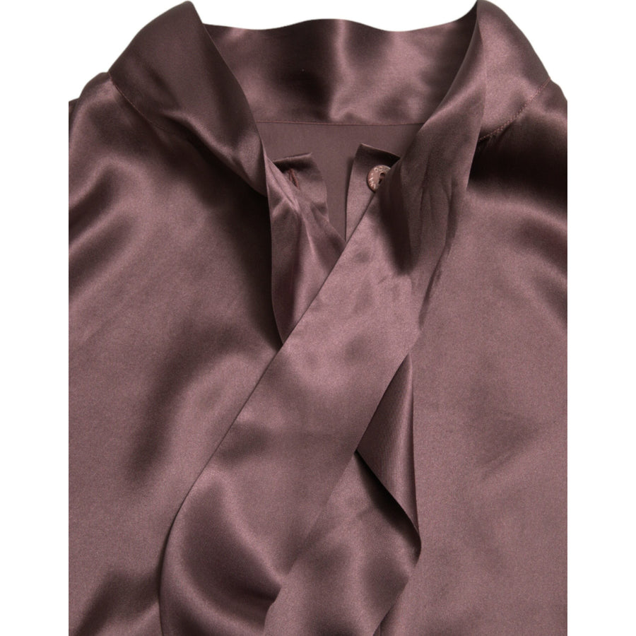 Dolce & Gabbana Brown Silk Ascot Collar Long Sleeve Blouse Top