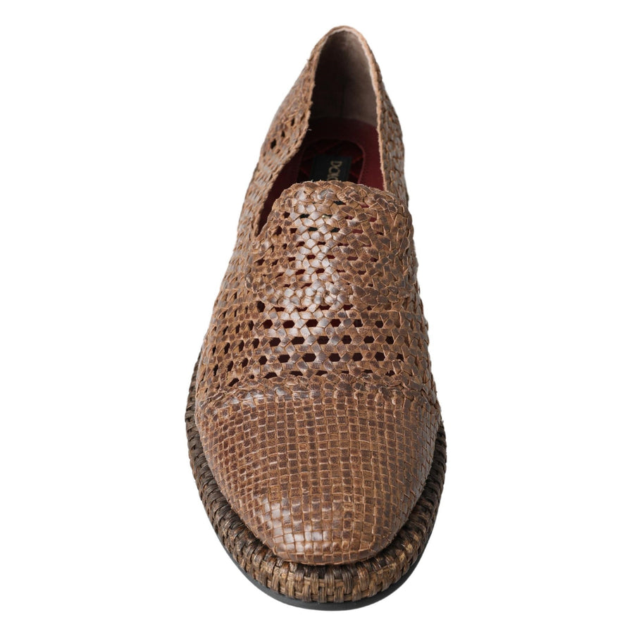 Dolce & Gabbana Brown Woven Leather Loafers Casual