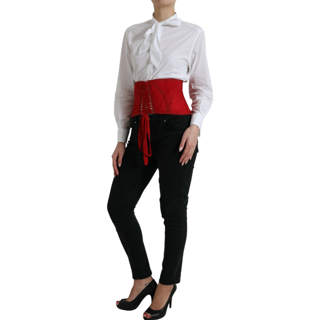 Dolce & Gabbana Red Silk Belt Waist Lace Up Strap Corset