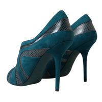 Dolce & Gabbana Blue Teal Snakeskin Peep Toe Ankle Booties Shoes