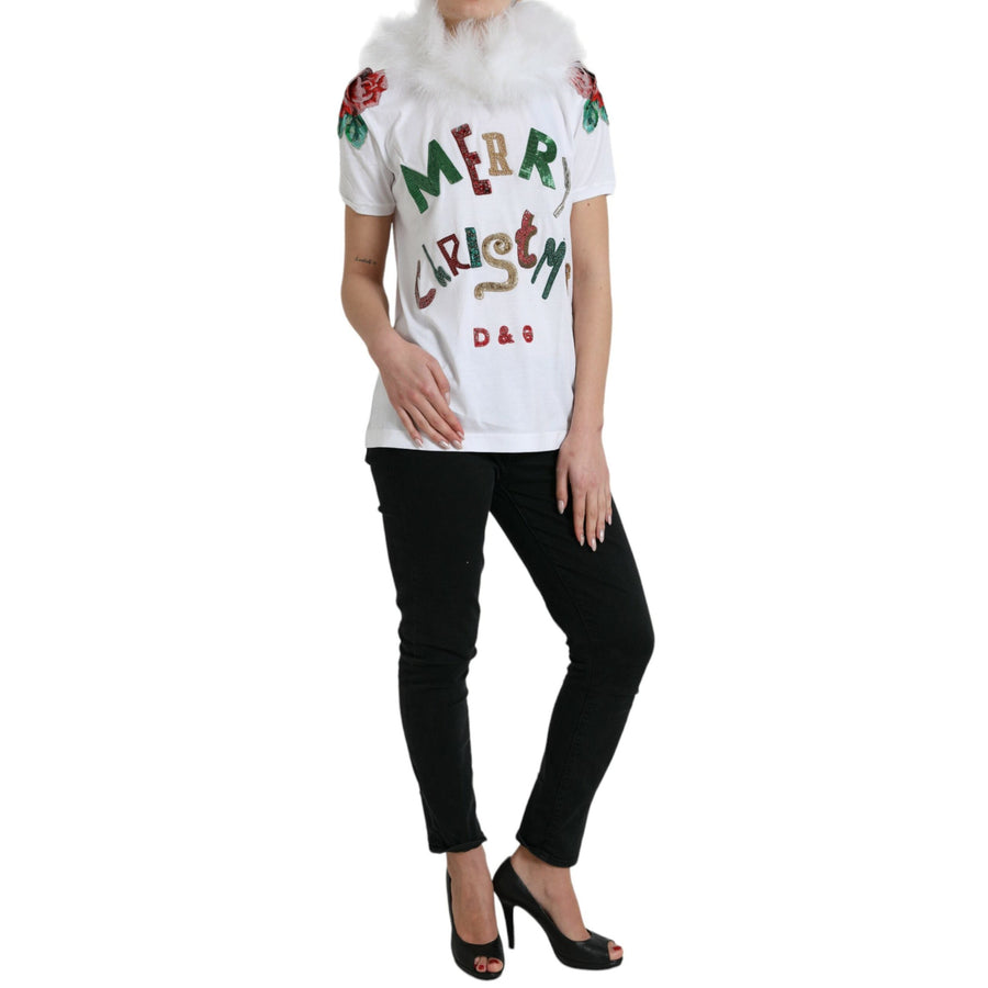 Dolce & Gabbana White Cotton Christmas Sequin Fur T-shirt