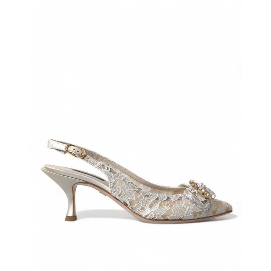 Dolce & Gabbana White Taormina Lace Crystal Slingback Shoes