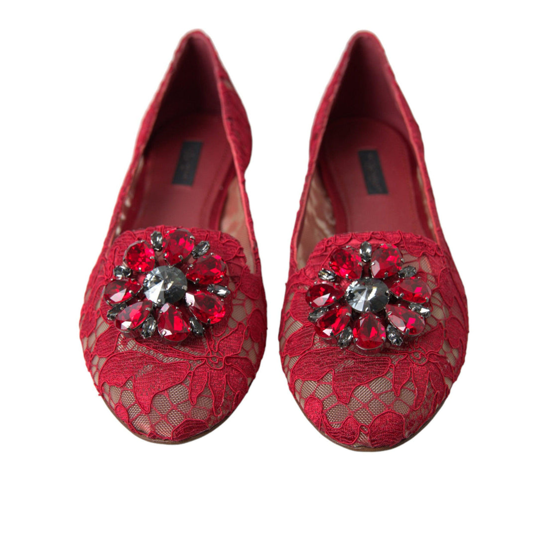 Dolce & Gabbana Red Vally Taormina Lace Crystals Flats Shoes