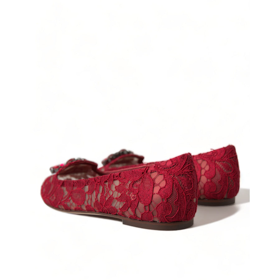 Dolce & Gabbana Red Vally Taormina Lace Crystals Flats Shoes