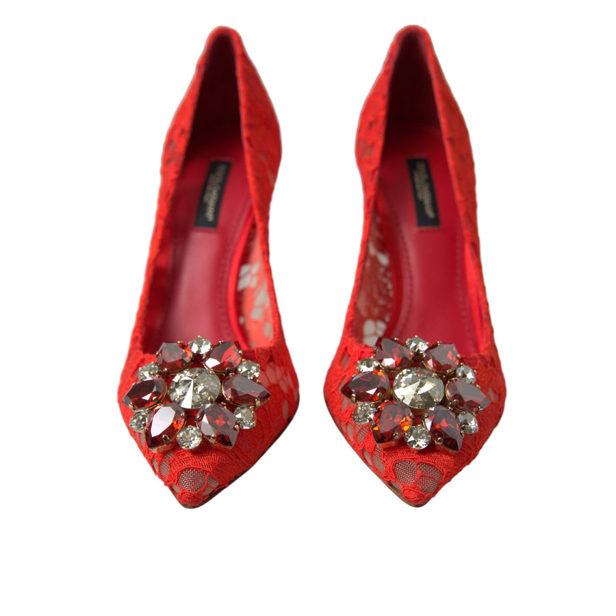 Dolce & Gabbana Exquisite Crystal-Embellished Red Lace Heels