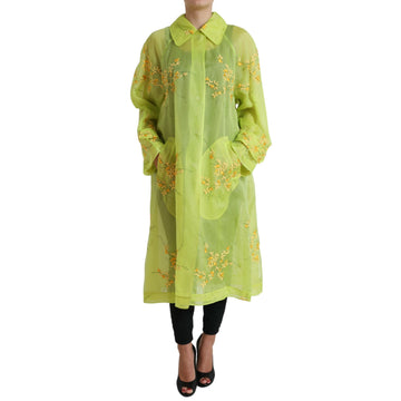 Dolce & Gabbana Green Silk Floral Embroidery Long Coat Jacket