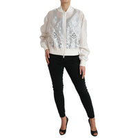 Dolce & Gabbana White Floral Lace Silk Full Zip Bomber Jacket