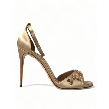 Dolce & Gabbana Gold Satin Ankle Strap Crystal Sandals Shoes