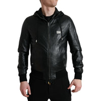 Dolce & Gabbana Black Leather Hooded Full Zip Logo Jacket