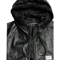 Dolce & Gabbana Black Leather Hooded Full Zip Logo Jacket
