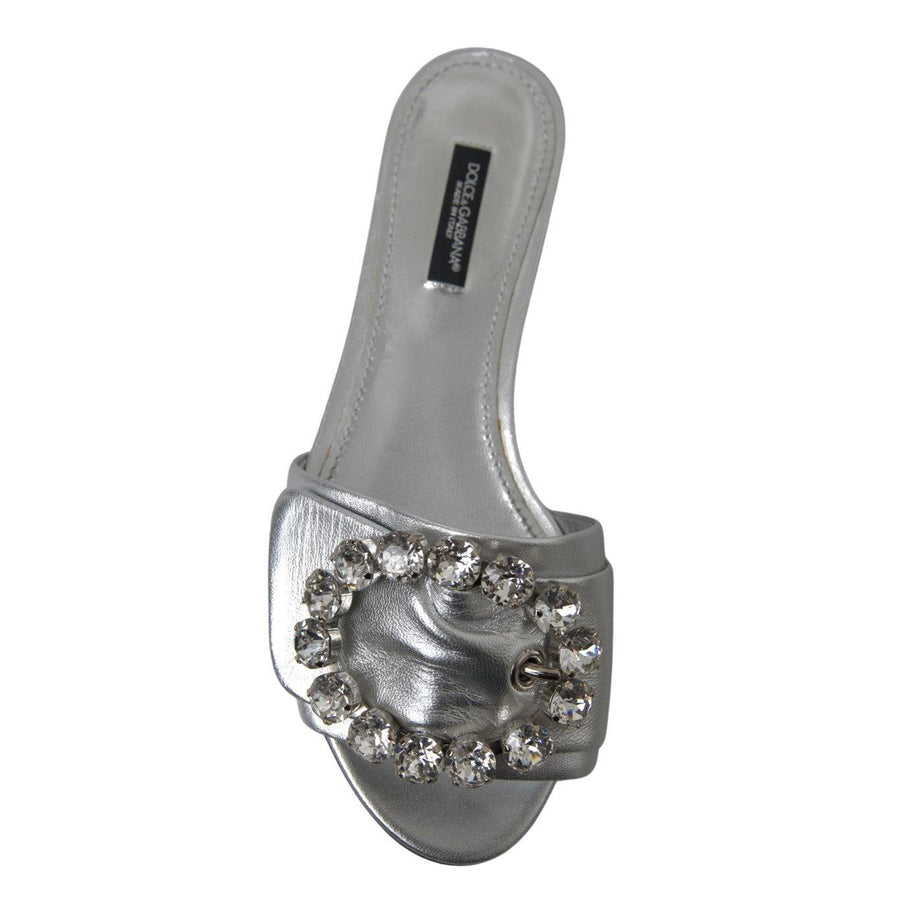 Dolce & Gabbana Crystal-Embellished Silver Leather Slides