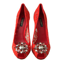 Dolce & Gabbana Red Taormina Lace Crystal Heels Pumps Shoes