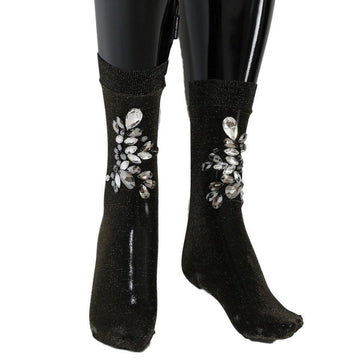 Dolce & Gabbana Black Stretch Floral Clear Crystal Socks